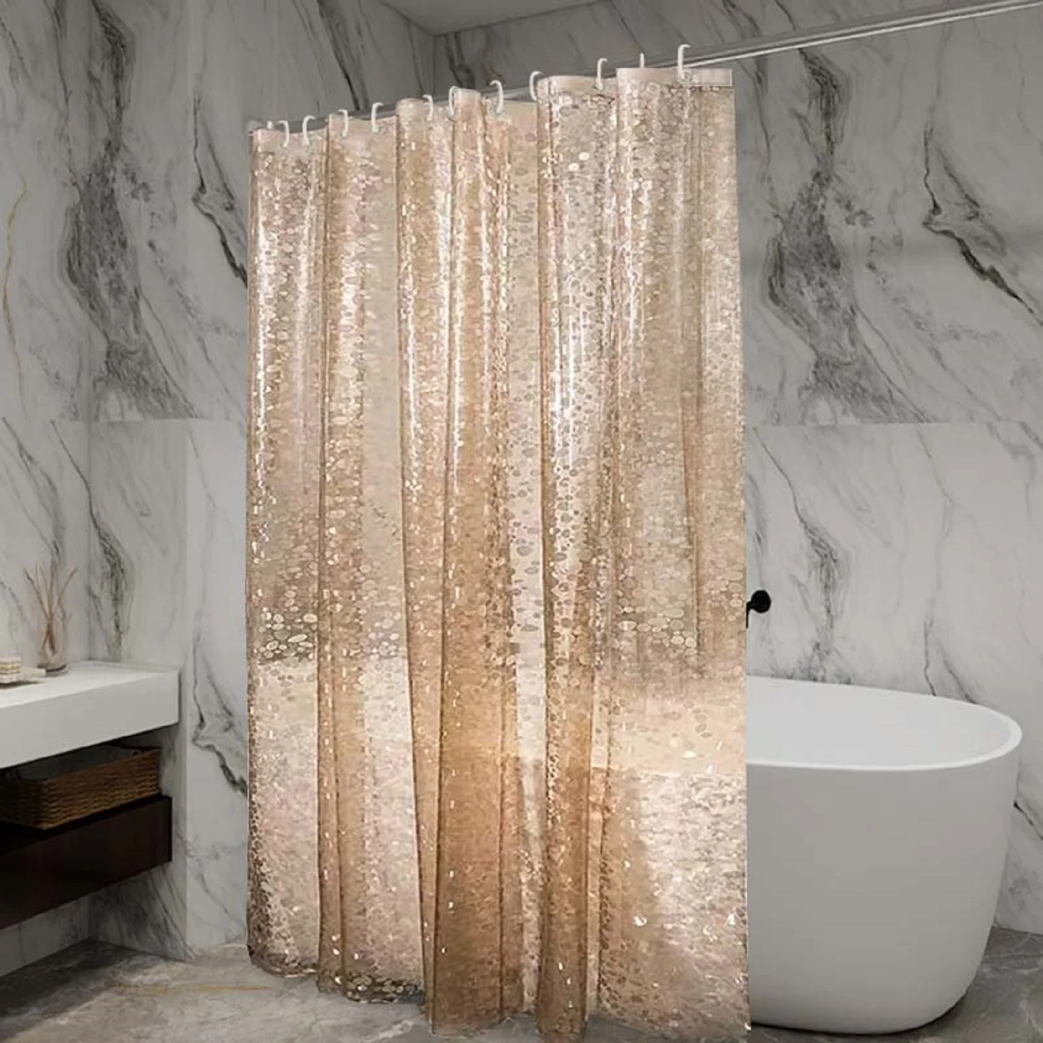 1pc Rose Gold Pebble Shower Curtain 3D Effect Semi-Transparent Waterproof Bathroom Decor