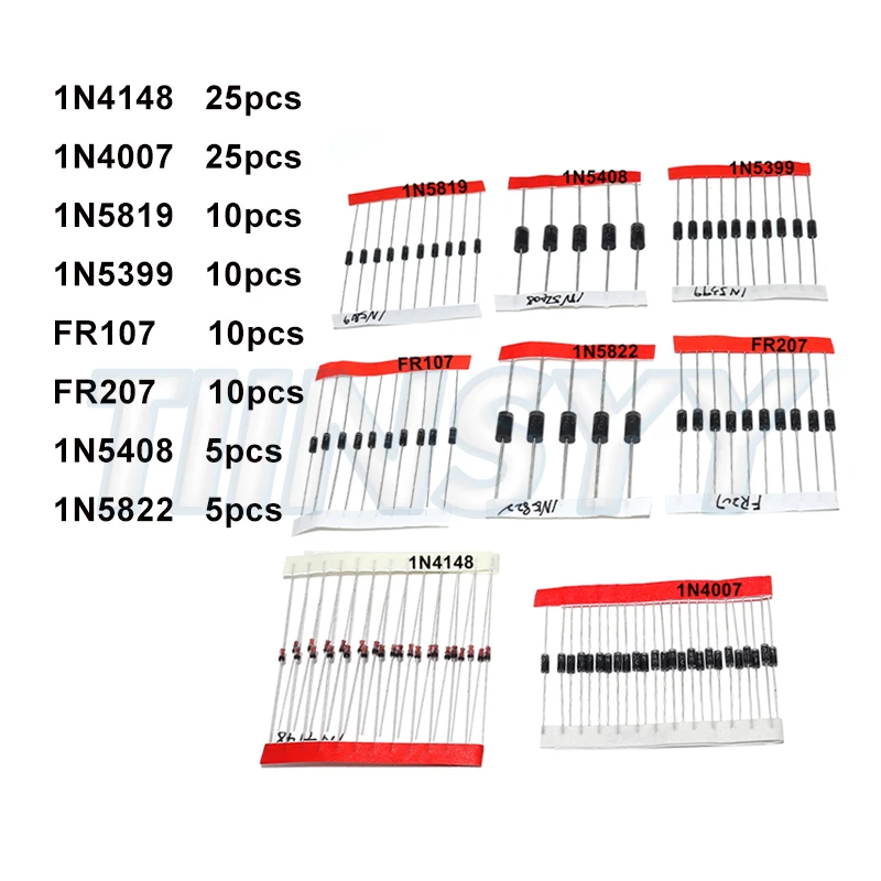 Fast Switching Schottky Diode Kit Set 1N4148 1N4007 1N5819 1N5399 1N5408 1N5822 FR107 FR207, 8 Values = 100 pcs, Electronic Comp