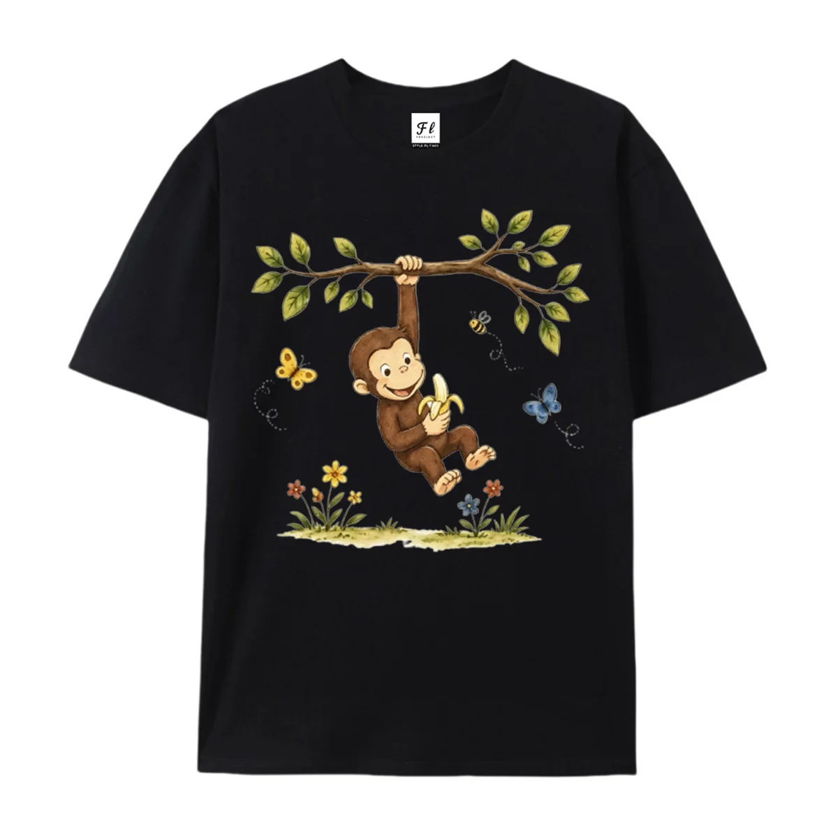 Cute Cartoon Monkey Hanging On Tree Branch Graphic T Shirt Funny Banana Bee Butterfly Floral Nature Crew Neck Short Sleeve Tee