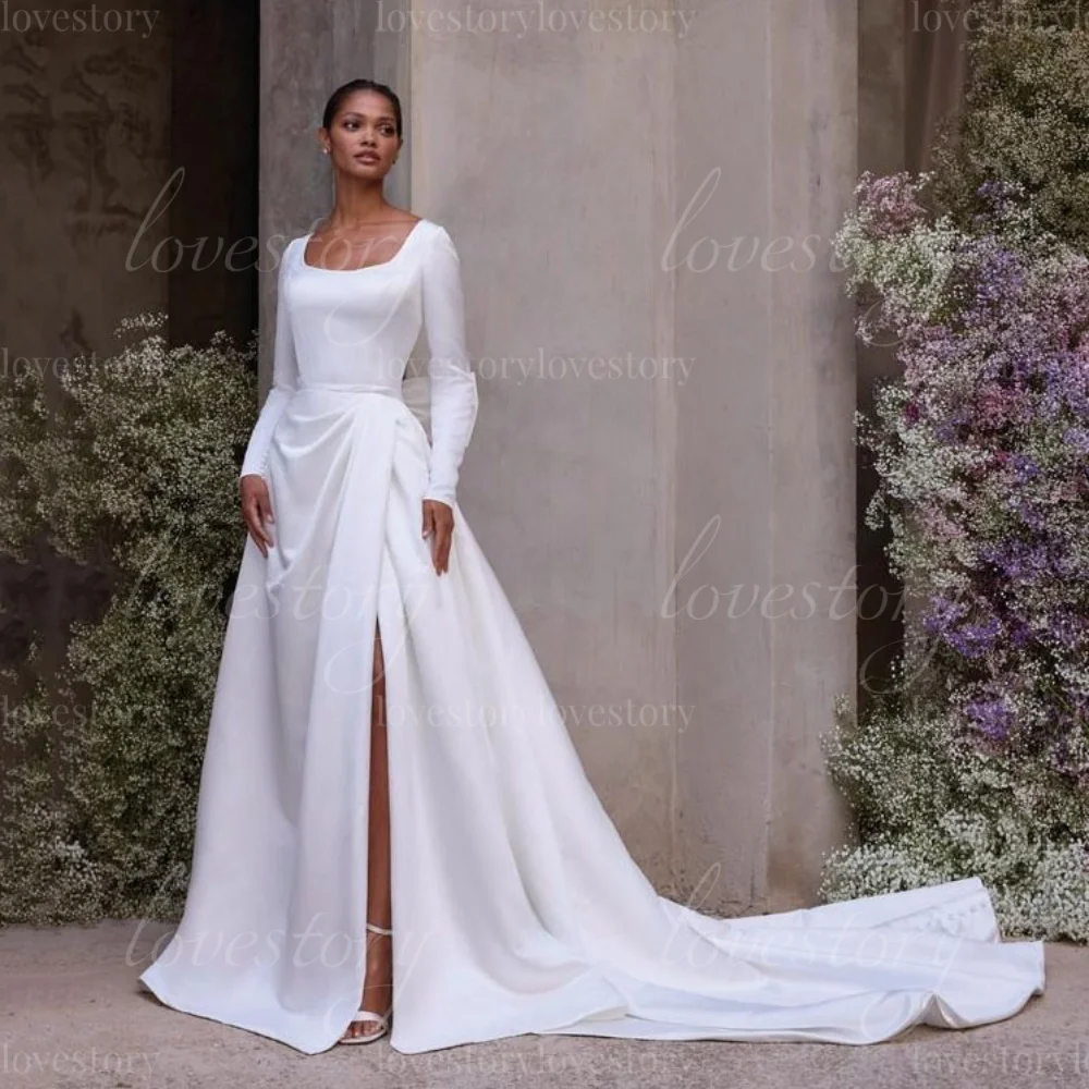 

Simple Elegant Customized Wedding Dresses Long Sleeves Split Bride Robe Button A Line Bow Bridal Gowns Vestidos De Noiva