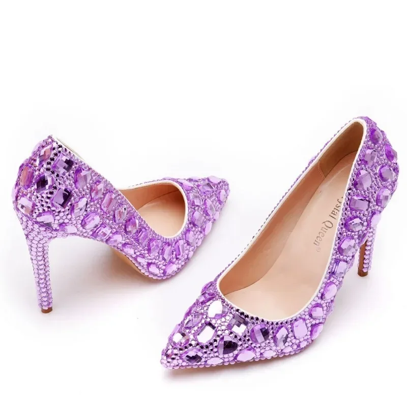 Woman Pumps Brand Design Lady Pointed Toe Rhinestone Slip-On PU 11CM Thin Heels Lady Party Stage Performance Women Shoe Colorful