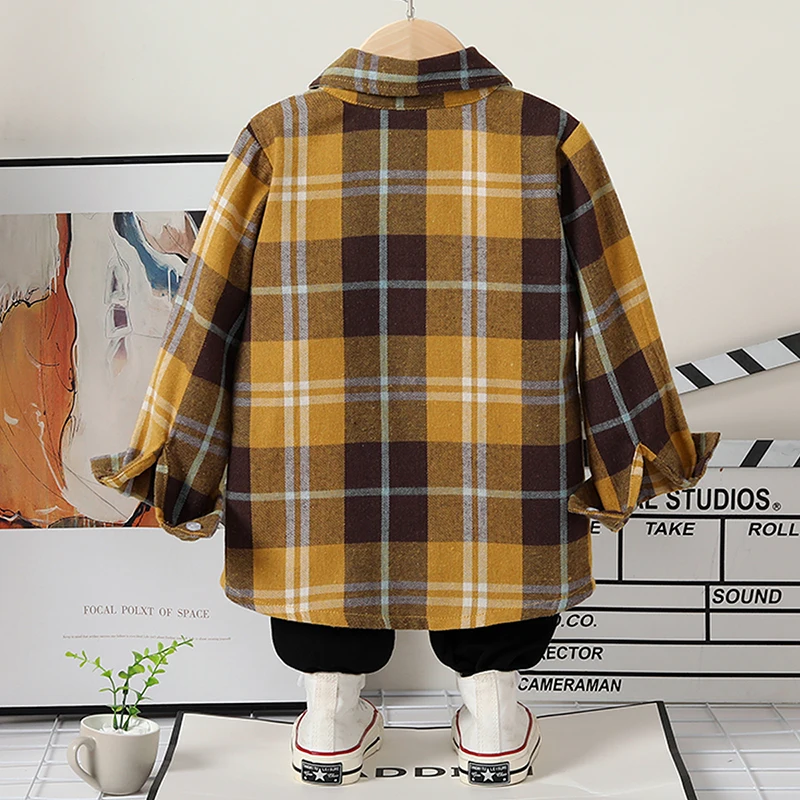 Children s Autumn Plaid Patterned Shirt with Long Sleeves Lapel Collar Button Closure and Spring Jacket Style