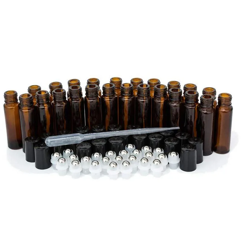 

10 мл, бутылки с роликами, 24 упаковки, янтарный рулон на толстых стеклянных бутылках с роликами для эфирного масла, роликовый шар из нержавеющей стали с 2 роликами