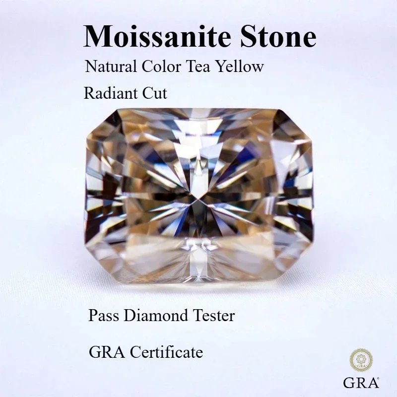

Natural Color Tea Yellow Moissanite Stone Radiant Cut Lab Grown For DIY Jewelry Rings Earrings Making With Report