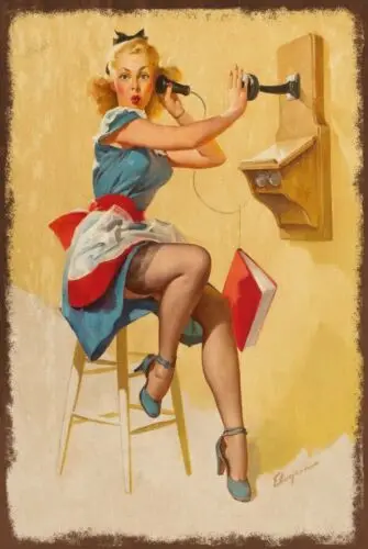 Vintage style Pin Up Girl on Telephone Retro metal wall sign plaque, pub, bar, sign