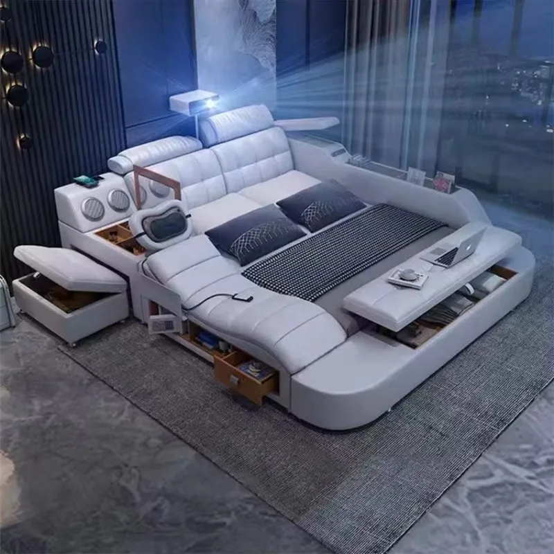 أثاث غرفة النوم جلد ديلوكس سرير كينج خشبي حديث متعدد الوظائف تخزين تدليك غطاء سرير راقي #2