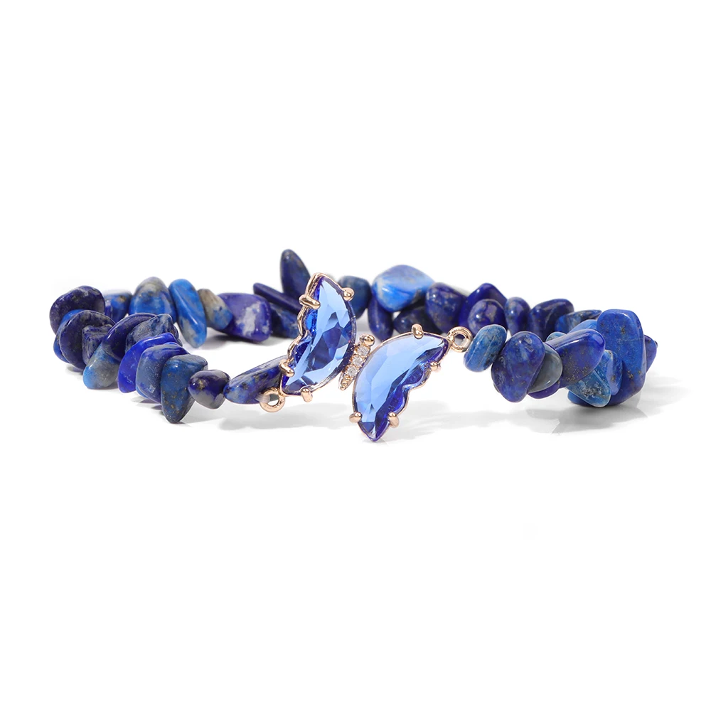 Natural Stone Crystal Butterfly Bracelet Irregular Lapis Lazuli Malachite Gravel Chip Beads Stretch Bracelets For Women Men