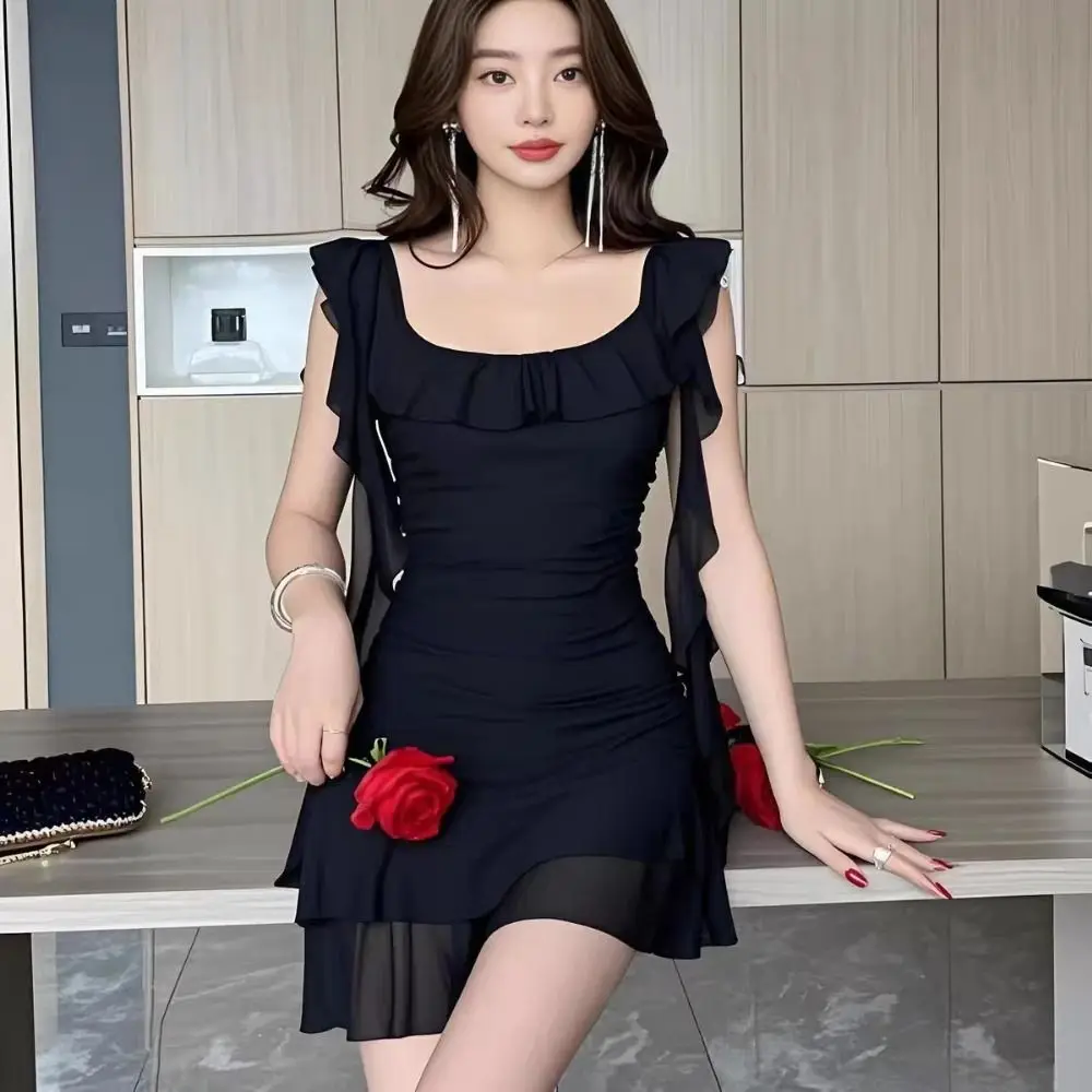 

Square Collar Ruffle Edge Dress Slim Fit Temperament Women Short Skirt Streetwear Spicy Girl Halter Camisole Dress