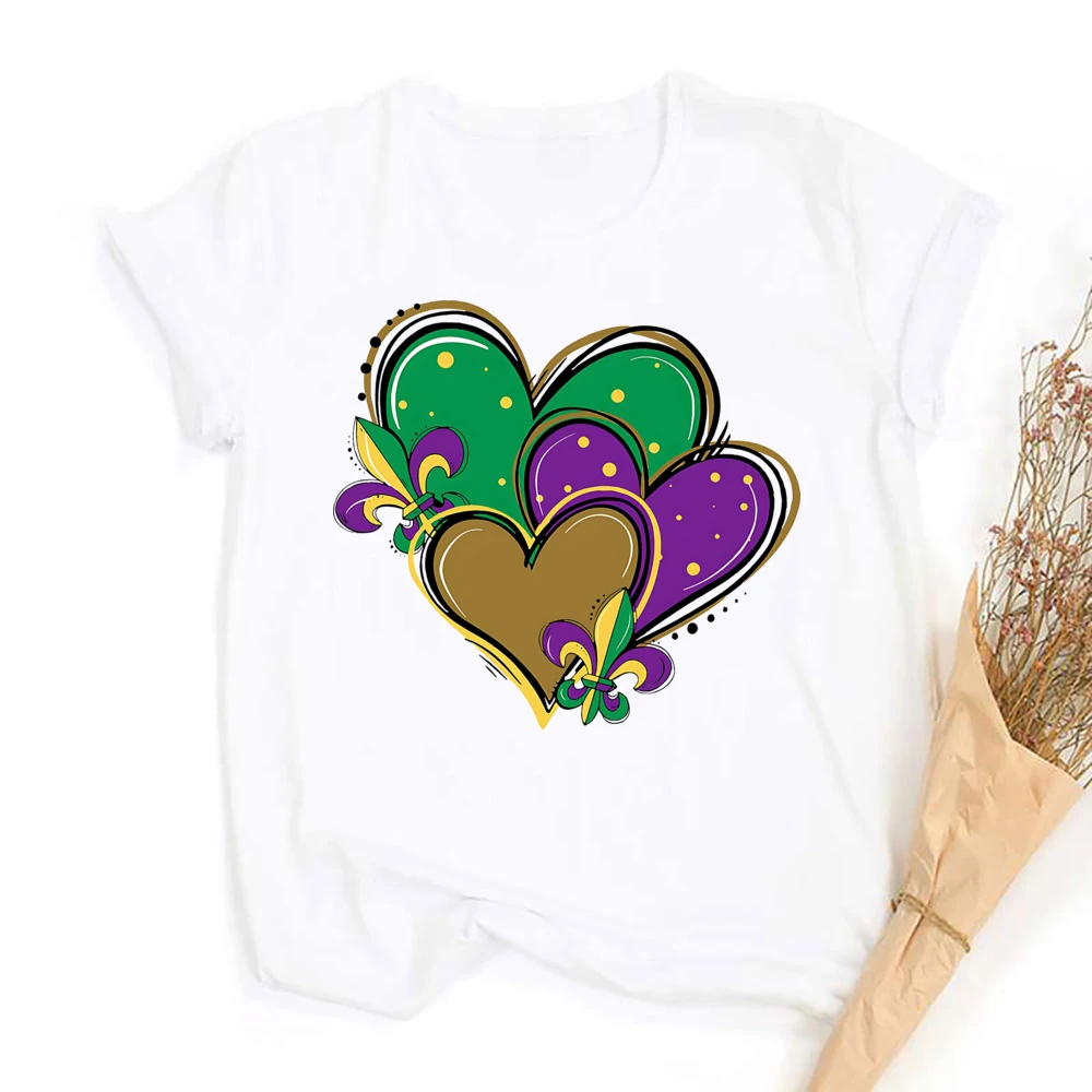 Maihun Happy Mardi Gras Shirt Womens Mardi Gras Day Heart Tshirt Tuesday Carnival Tee New Orleans Party Short Sleeve Tee