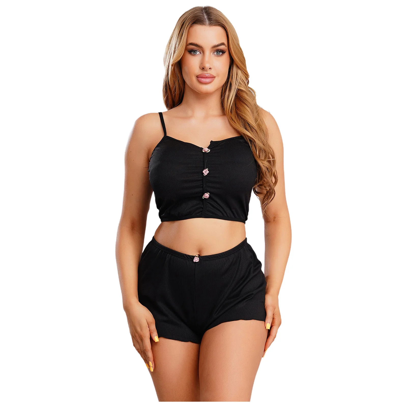 

Womens Homewear Outfit Flower Spaghetti Straps Applique Cropped Camisole and Shorts Ribbed Casualwear for Workout Beach Pajamas
