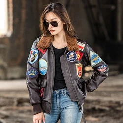 Chaqueta de cuero marrón oscuro para mujer, Top Gun G1, estilo militar, cuello de lana, Cuero de vaca Natural auténtico, abrigo de cuero de vuelo