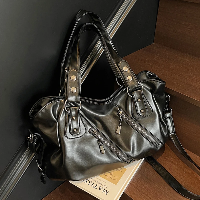 

SHELKSBAG Womens Vintage PU Designer Rivets Zipper City Tote Shoulder Bags Ladies Sewing Thread Hobo Crossbody Motorcycle Bag