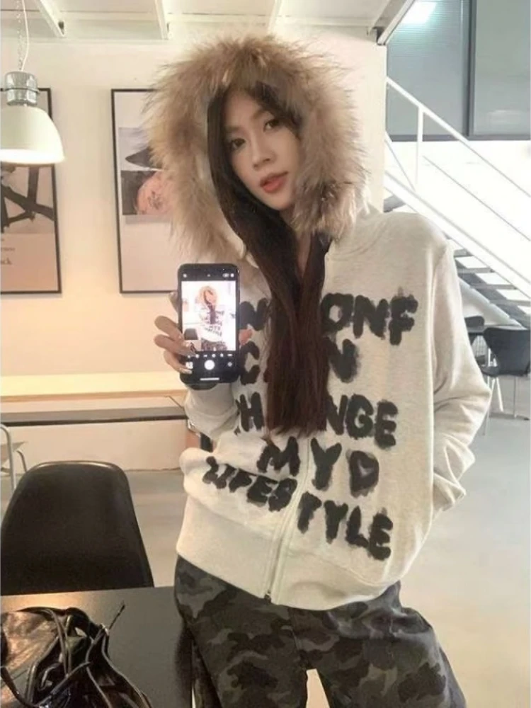 

Hooded Sweatshirt Vintage Jacket Autumn Winter American Letter Print Coat Women Slim Fit Long Sleeve Zipper Cardigan Tops