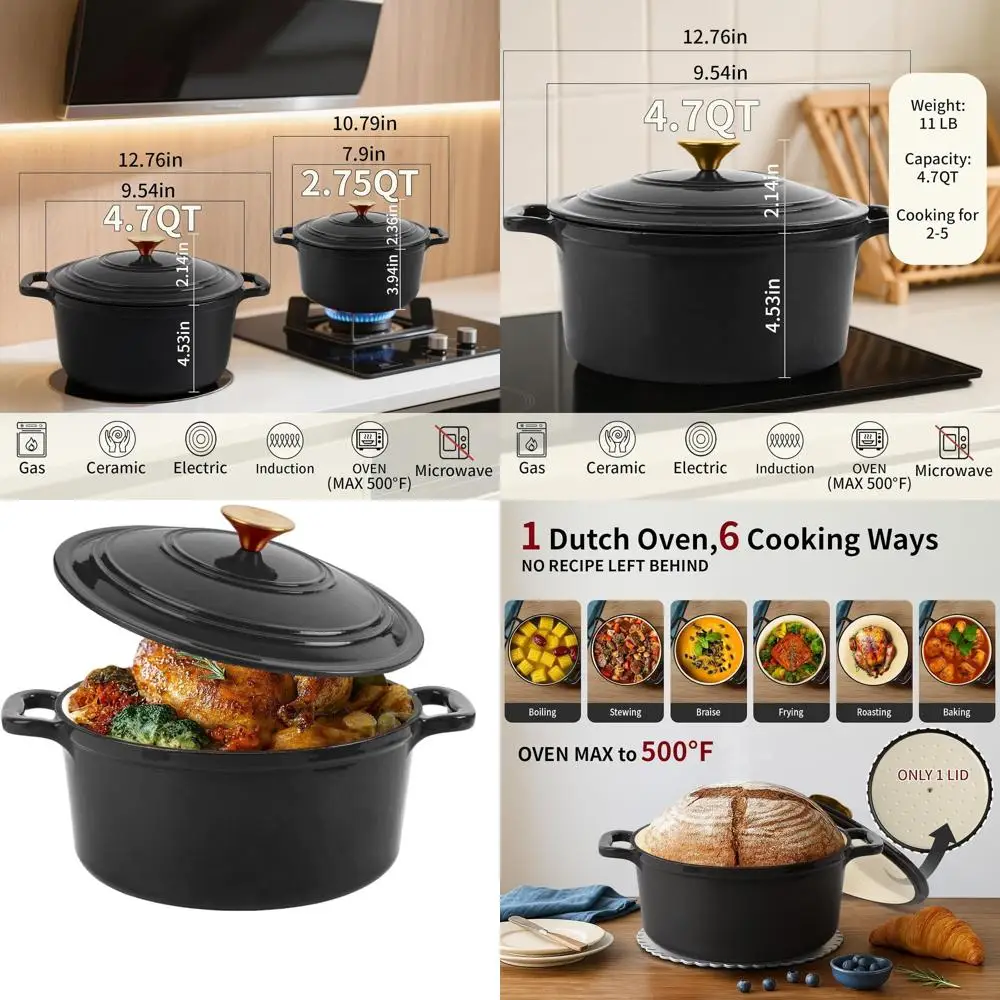 

Enameled Cast Iron Round Dutch Oven, 4.7QT, Grey, for Baking, Braising, Roasting, Stews, Oven-Safe, Induction-Ready