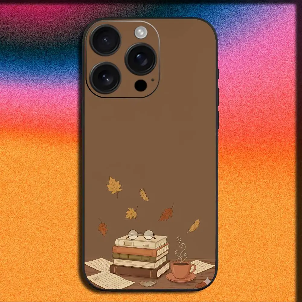 Libro da caffè con foglie autunnali per iPhone 17,16,15,14,13,12,11,Pro,Max,Plus,E,SE4,Air,Mini Cover nera per telefono