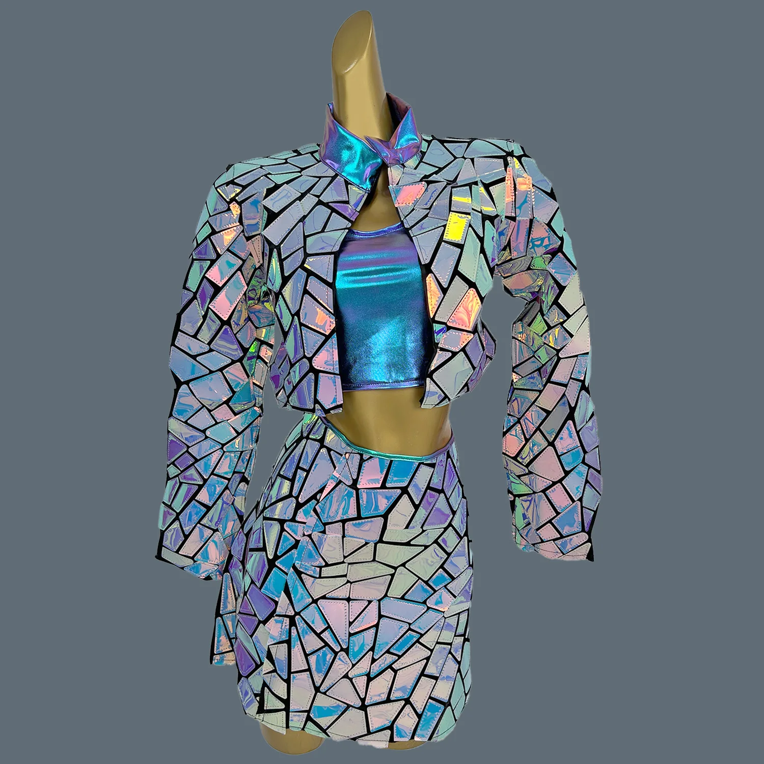 Bar Club Show Sequin Crop Tops Mini Skirt 2Pieces Set Dance Outfit Sexy Party Sparkly Strapless Colorful Hot Dance Short Skirt