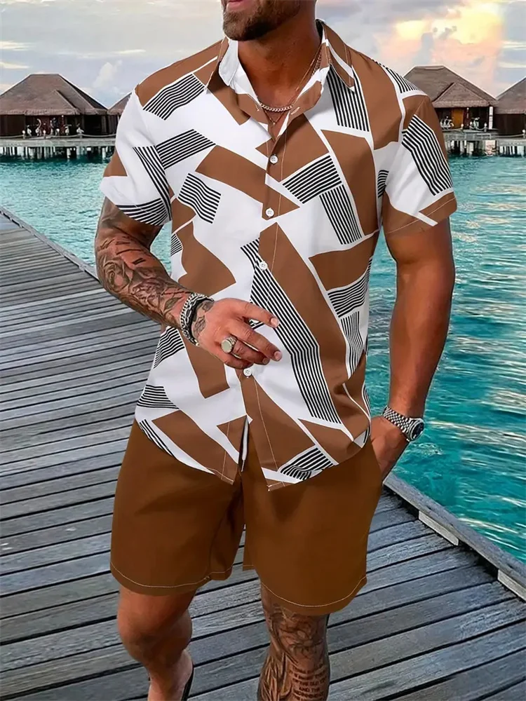 3D Printed Geometric Pattern Men's Shirt Colour Blocking Fashion Button Down Collar Short Sleeve Men's Hawaii Suit Summer Shirt