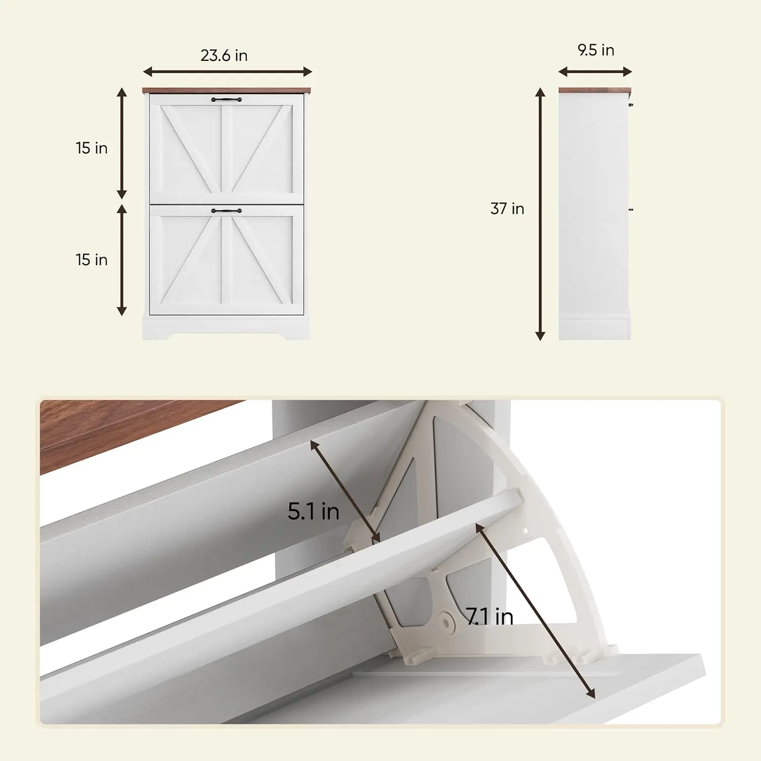 Bauernhaus-Schuhschrank mit 2 Schubladen, rustikaler, schmaler Eingangsbereich-Organizer, weißer Scheunentür-Stil