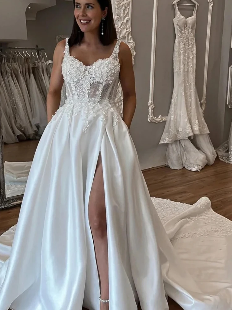 Princess Satin A Line Wedding Dresses Straps Beaded Applique Side Slit Sweep Train Bridal Gown For Reception vestido de novia