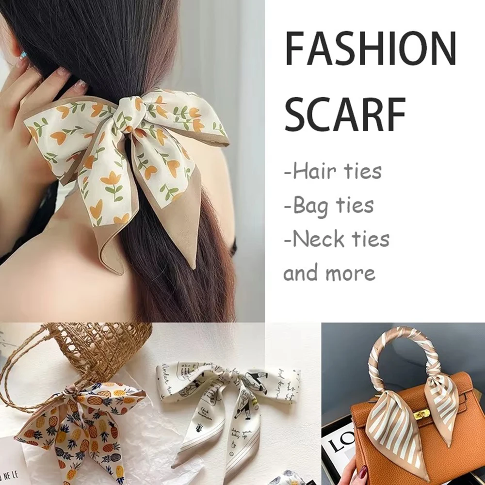 4PCS Satin Hair Scarf Women Retro Print Ribbon Hair Bow Tie Bandana Bag Handle Wrap Neck Scarf Fashion Accessories
