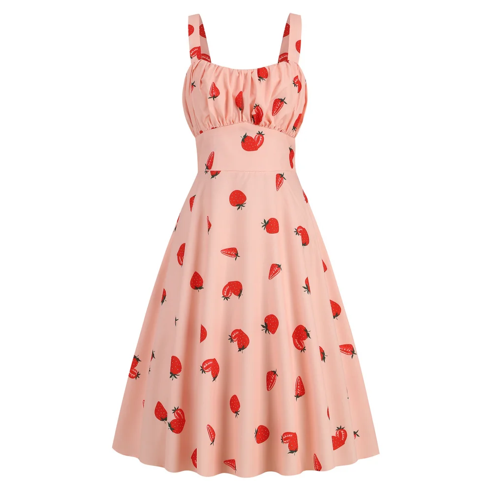 

Women Strawberry Print Vintage Summer Dresses 2024 Holiday Outfits Womens Robe Femme Sexy Strap 1950s 60s Rockabilly Party Dress