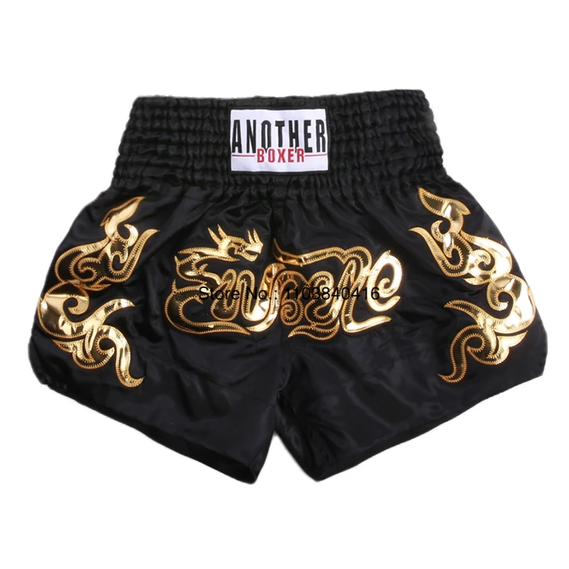 Muay Thai Shorts Satin Gold Embroidery Kickboxing Boxing Trunks Elastic Waist Fight Shorts for Men Women Kids Training Sparring 3