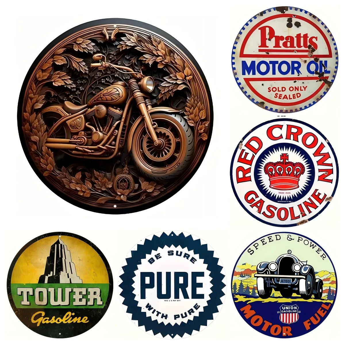 Rustic round iron plaques, mixed wall crafts, whimsical tin artworks for home bars, coffee spots, garages.