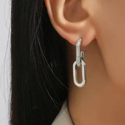 Temperament Two Section Double Link Dangle Earrings for Women Korean Charm Geometry silver Color Stainless Steel Stud Jewelry