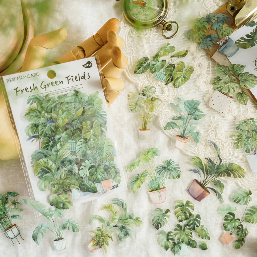 30pcs Plants Stickers PET Material DIY Scrapbooking Collage Stationery Decor Junk Journal Aesthetics Decorative Sticker