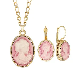 Vintage Lady Queen Pink Cameo Jewelry Set For Women Gold Color Pink Blue Gray Fashion Flower Cameo Necklace Earring Set