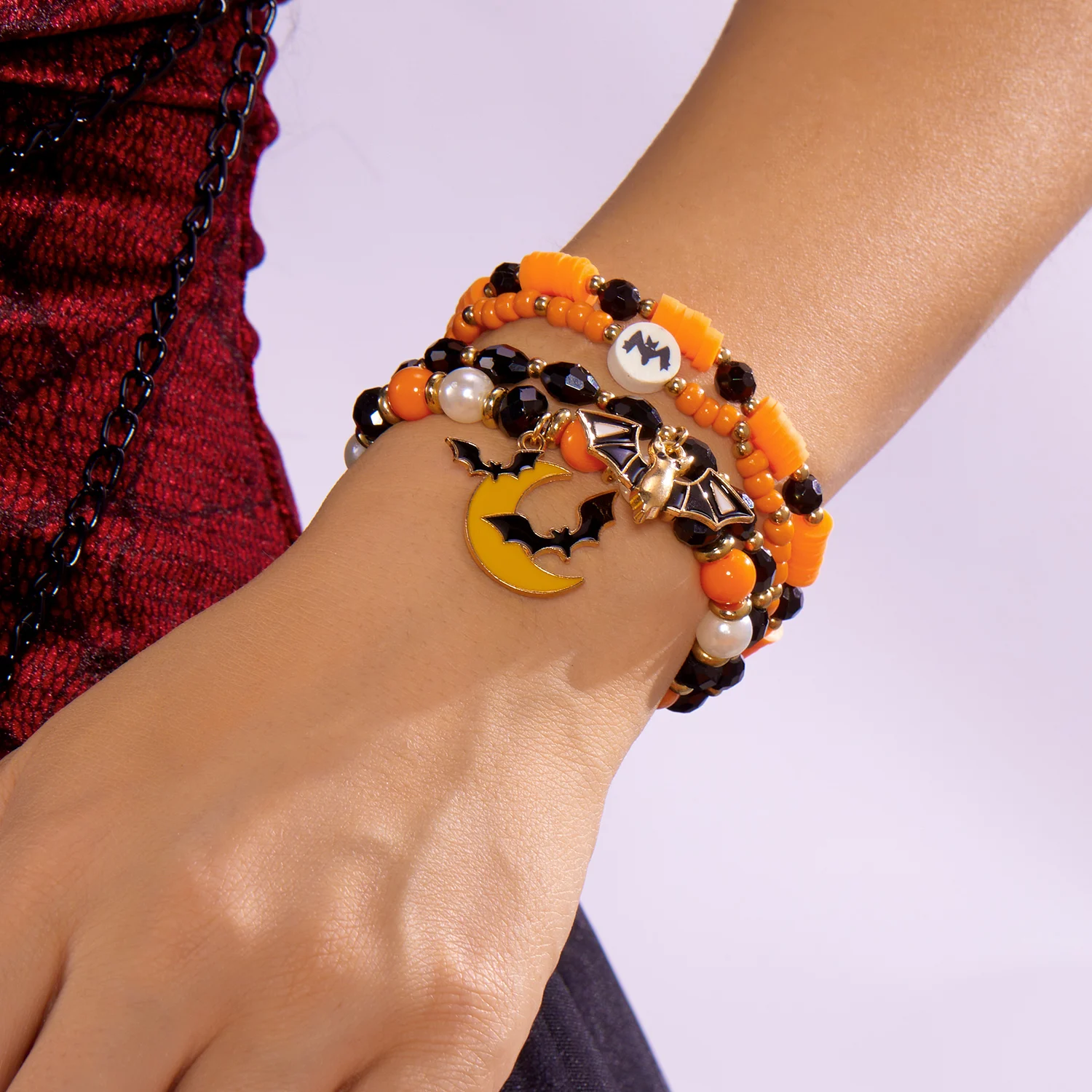 Halloween Multilayer Perlen Armband für Frauen Vintage Gothic Skelett Geist Schädel Fledermaus Kürbis Kristall Perlen Armreif Schmuck Geschenk