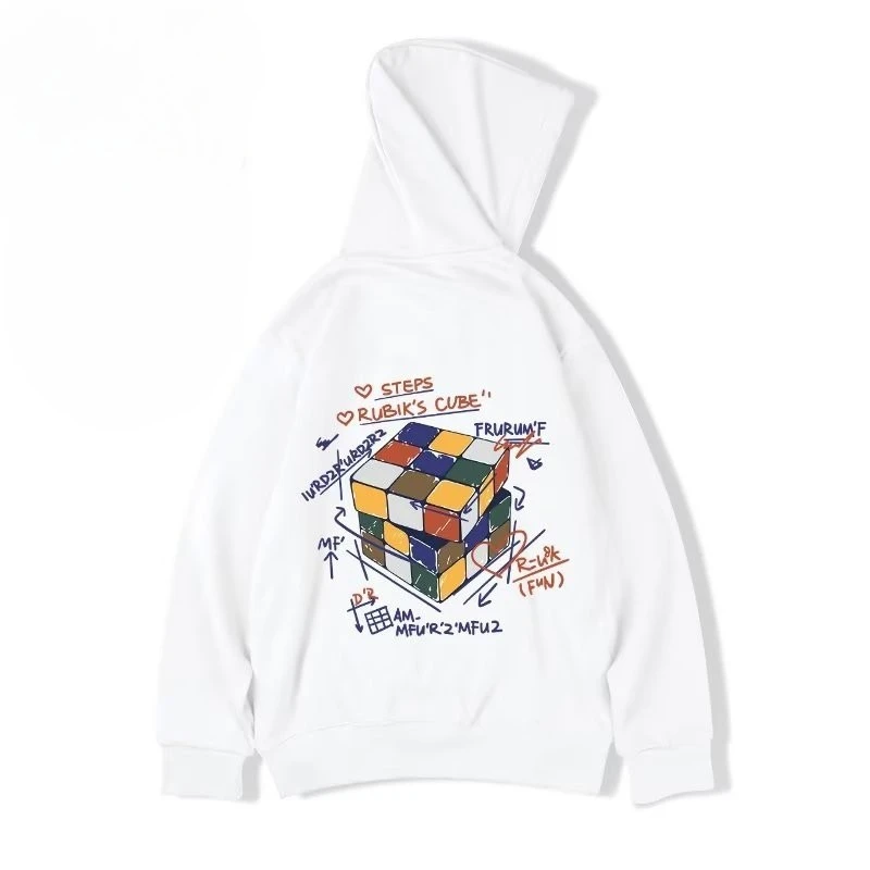 【M-8XL هوديس】الرجال كنزة بمقاس كبير هوديي موضة فضفاضة متعددة الألوان مكعب روبيك الباندا طباعة كم طويل ملابس الزوجين