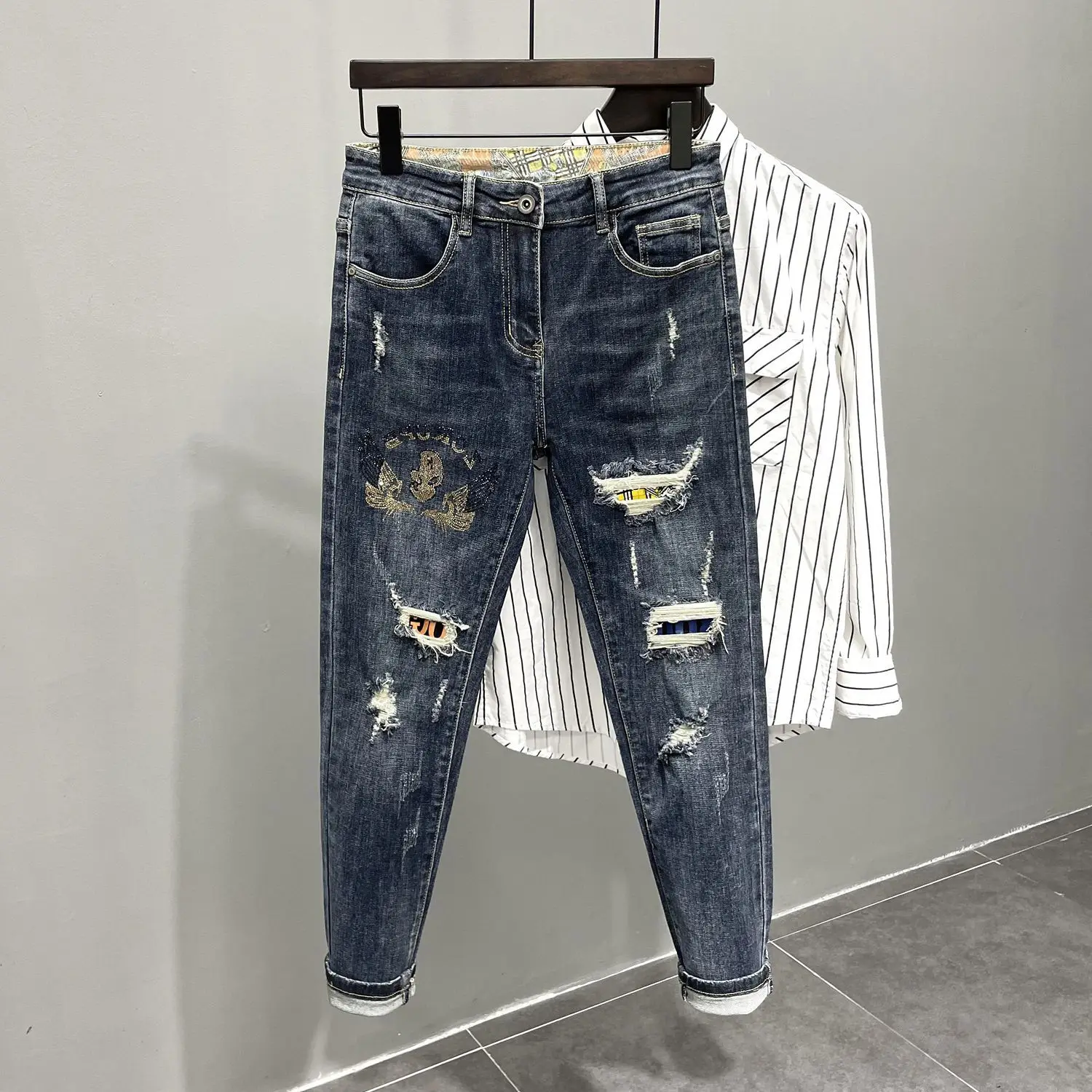 

2025 Brand Luxury Men's Clothing Jeans New Slim-fit Ripped Pants Men's Trendy Brand Elastic Versatile Spirit Guy Work Pants Man