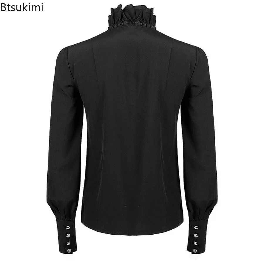 Men's Fashion Retro Gothic Shirts And Blouses Victorian Medieval Ruffle Pirate Puff Sleeve Solid Black Tops Shirt Men Clothing - view 4