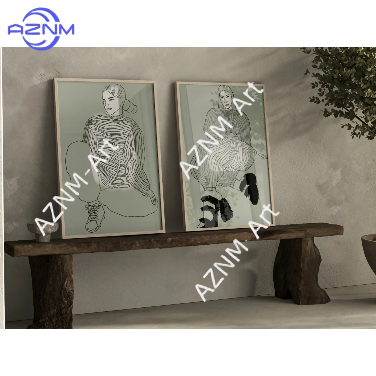 1/2 Pcs Pósters Lagom Verde Salvia, Arte de Pared Verde Salvia, Arte de Línea Femenino, Arte de Pared Minimalista, Mujer, Decoración de Habitación, Vida Lagom
