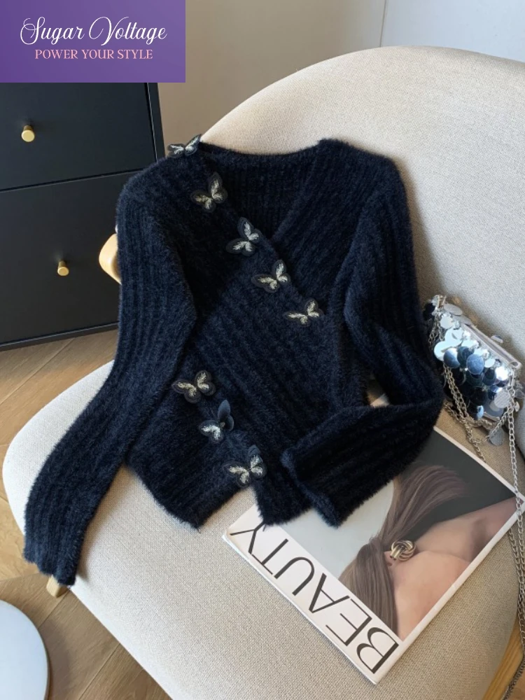 Harajuku Vintage élégant tricot doux pull femmes coupe ajustée à manches longues col en v hauts irréguliers décontracté mode bureau dame pulls