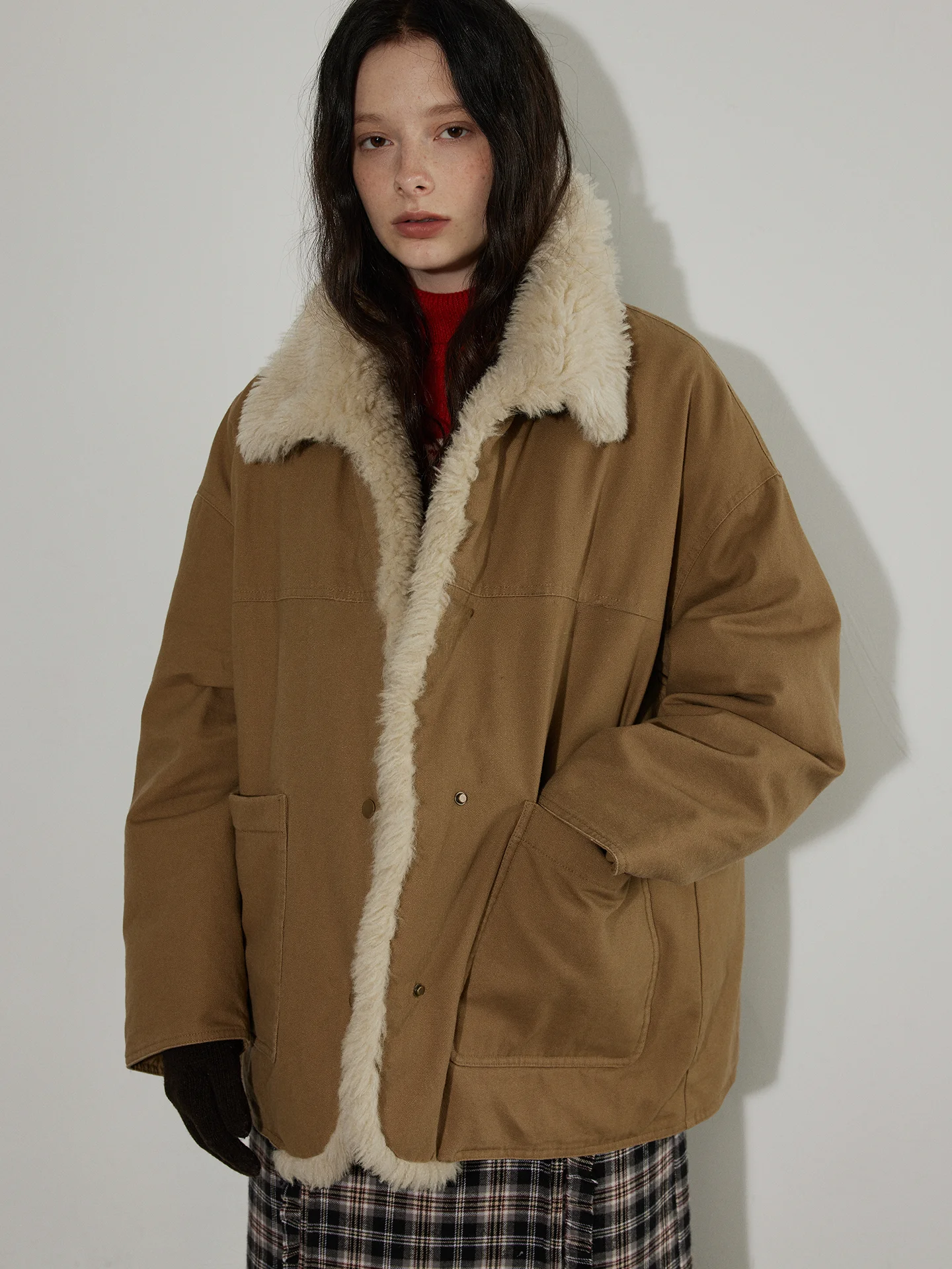

Lofi Choose Vintage Lamb Fur Workwear down Jaet Women's Winter New Thiened Loose Parka Coat Warm Fluffy Long Sve Coat