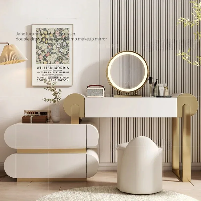 

Luxury Bedroom Dressing Table Makeup Led Mirror and Drawers Unit Gold Design Set Woman Modern Storage Princess Penteadeira Chest