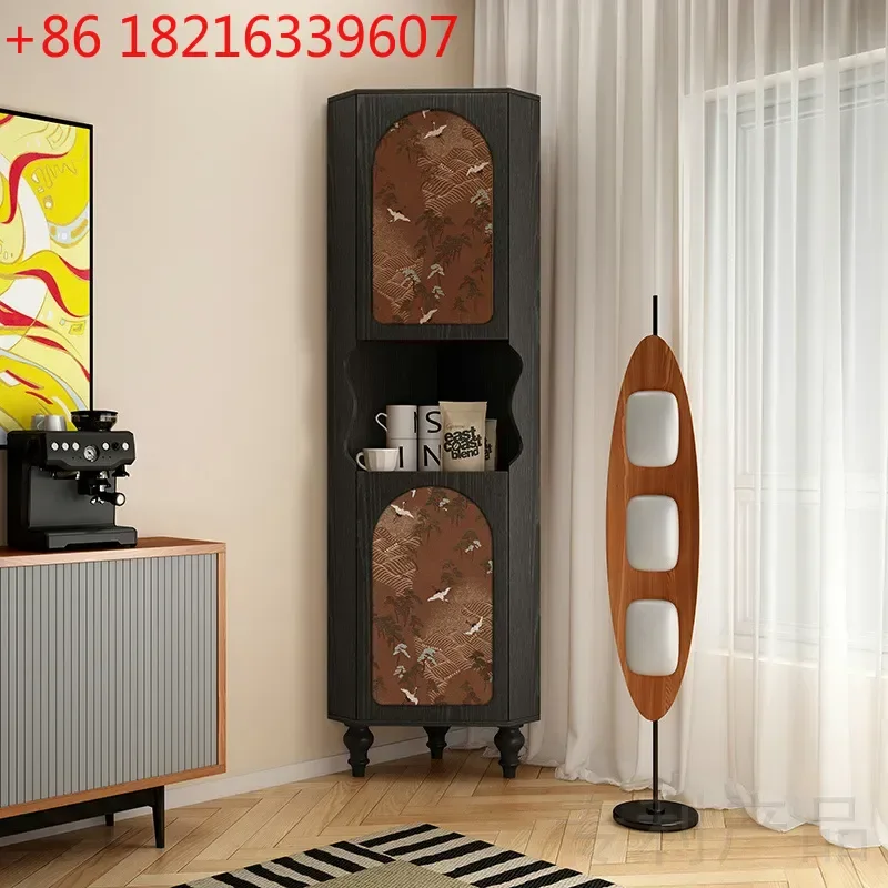 YAONew Chinese Style Solid Wood Triangular Corner Cabinet with Medieval Crane Pattern Living Room Sofa Side Storage Unit for