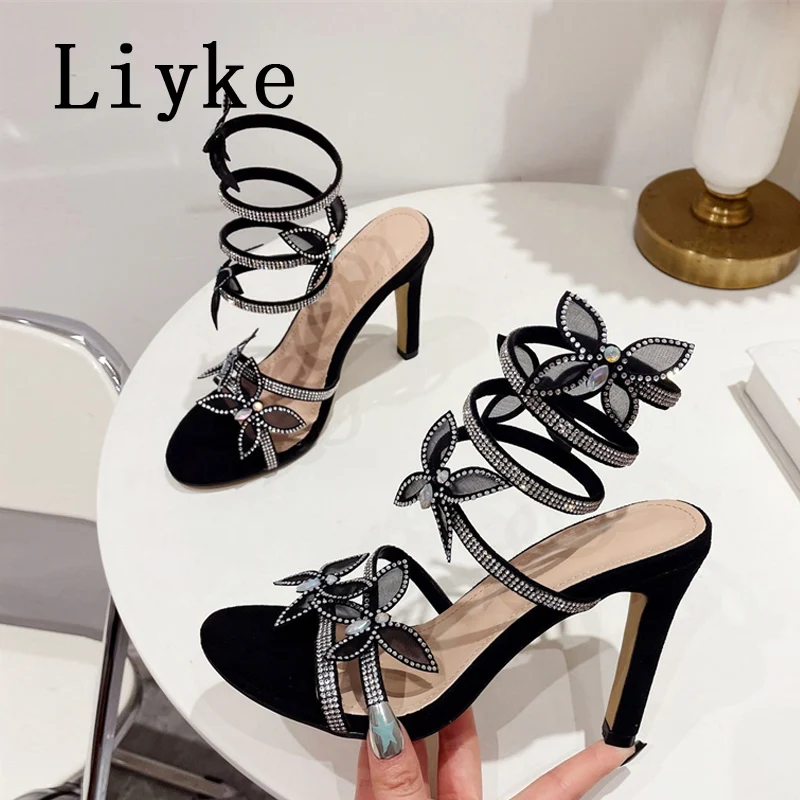 Liyke Brand Fashion Crystal Butterfly Women Sandals Black Silver Open Toe Rhinestone High Heels Wedding Banquet Shoes Sandalias