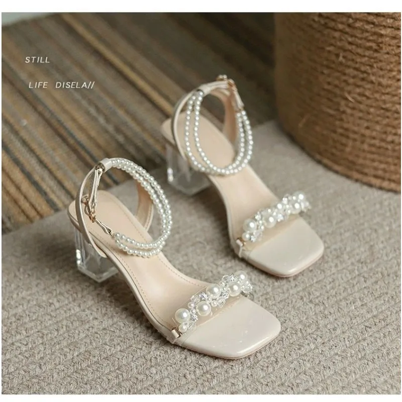 2024 Summer Women\'s Sandals with Bow Pearl Flat Heels Elegant Rhinestone Party Ladies Shoes Plus Size 42 Sandalias Mujer