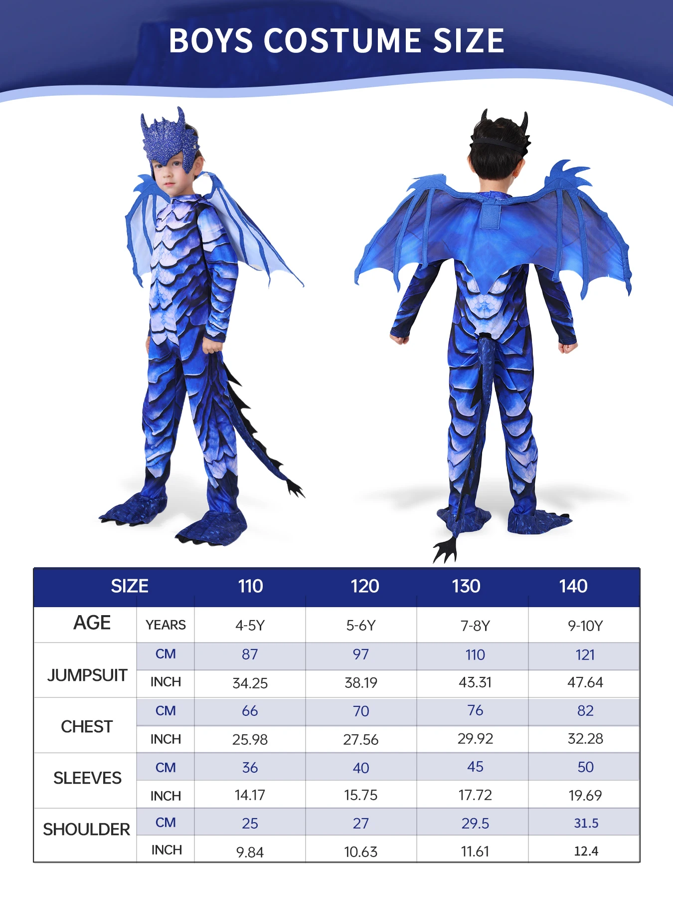 Kids Blue Dragon Jumpsuit Costume with Wings, Tail, and Mask 2
