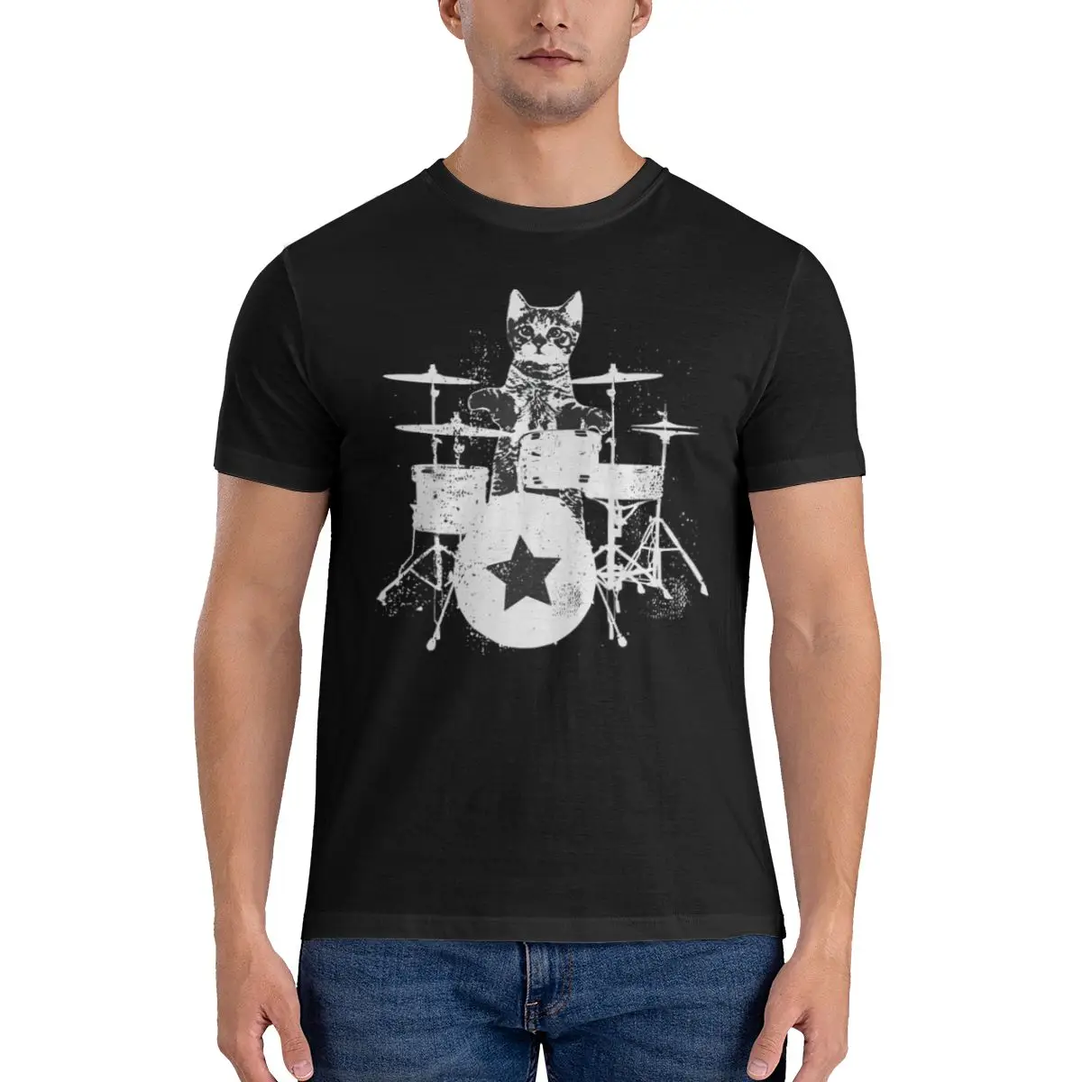 Fashion Rockstar Kitty Beats Drums In Black T-Shirt for Men Round Collar Cotton T Shirts Rock Cat Short Sleeve Tees Unique