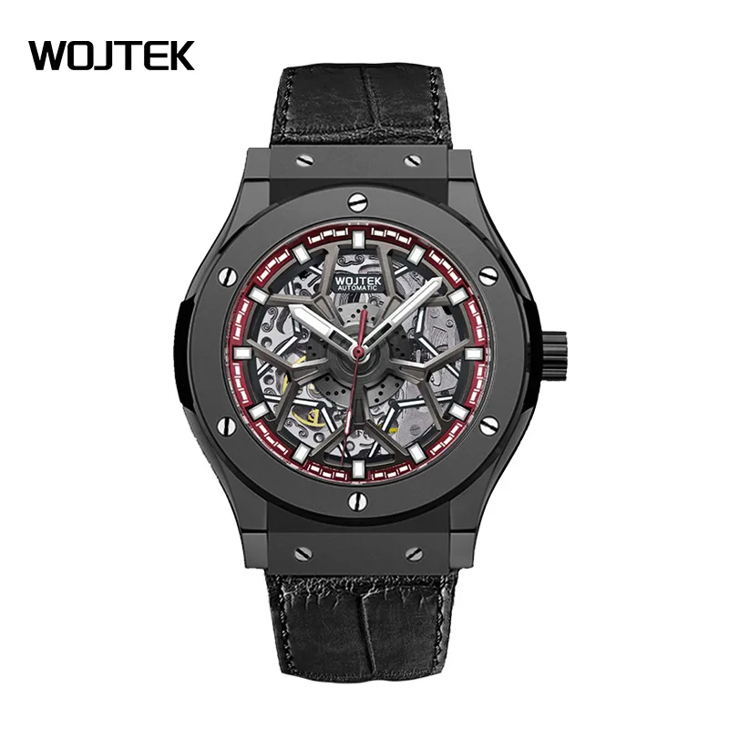 WOJTEK Men Automatic Mechanical Watch Genuine Leather Strap Hollow Skeleton Dial Luminous Hands Sport Male Wristwatch