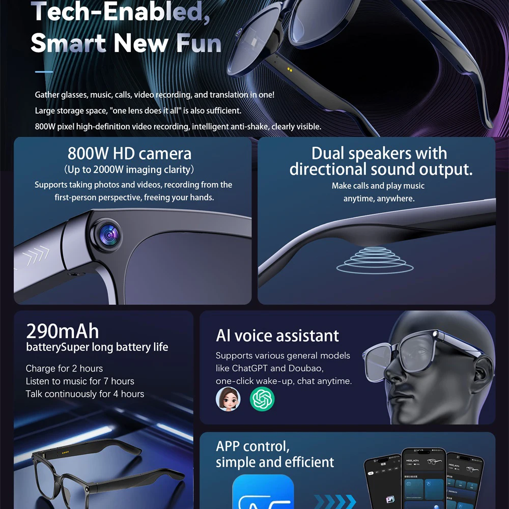 AI Smart Glasses 8 Million Camera Bluetooth Sunglasses Shoot Audio Call Video Music Player Multifunctional Eyewear Men Women