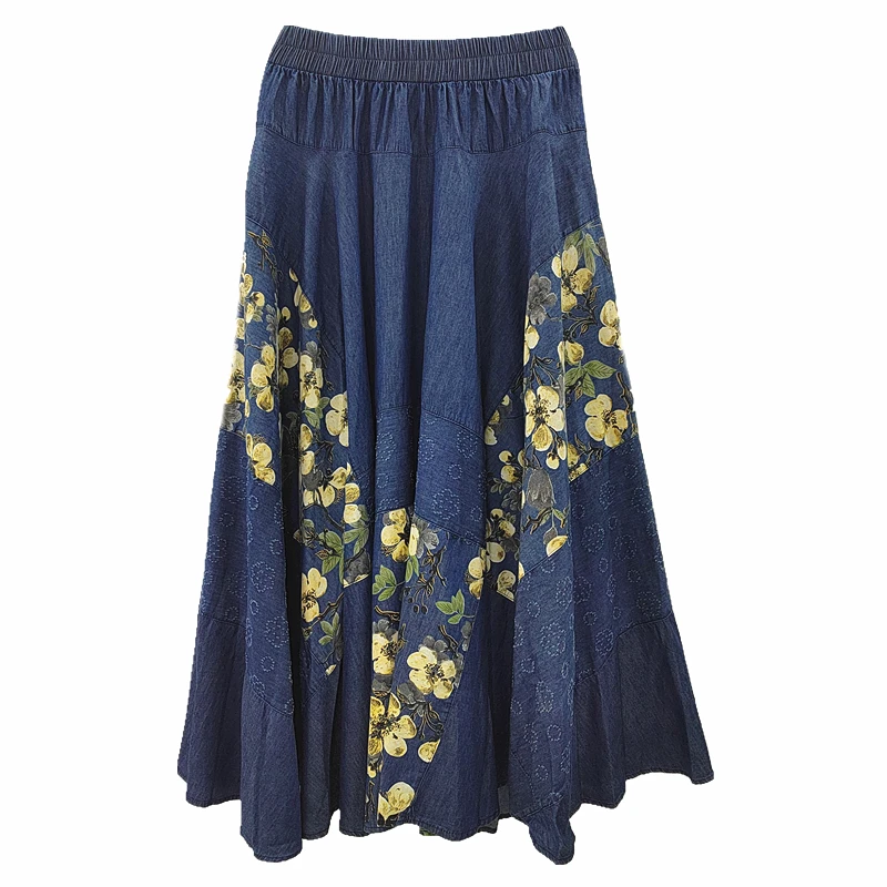 Yellow Floral Denim Skirts Spring High Quality Bohemian Vintage Casual Contrast Color Fashion Classic Elegant Prairie Chic