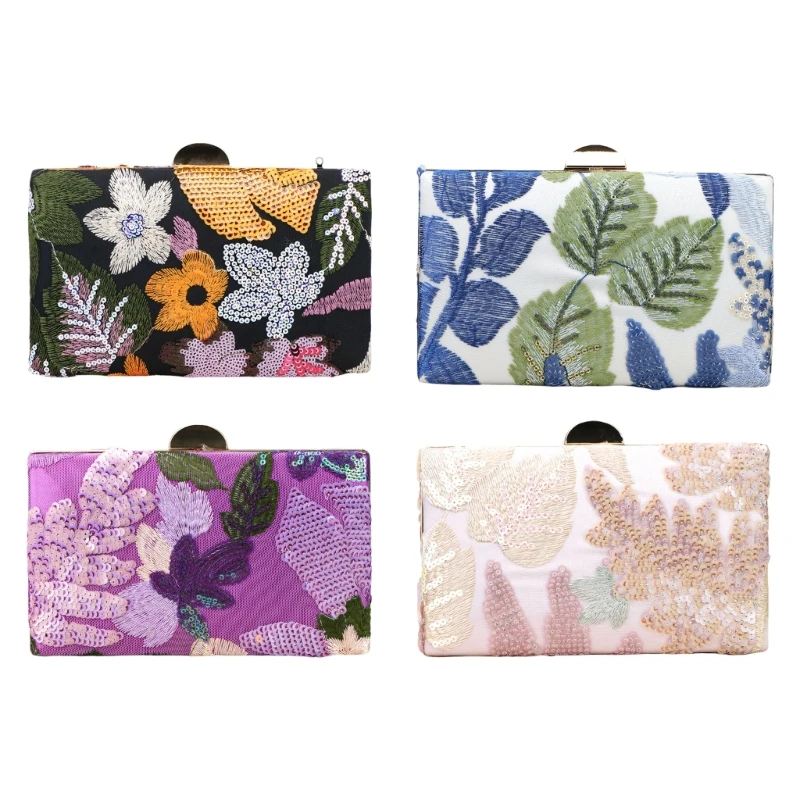 

X5XA Women Floral Embroidery Sequins Evening Handbags Beaded Clutches Bag Party Purse