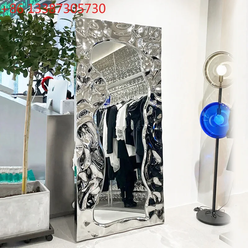 

Напольное зеркало всего тела из нержавеющей стали, креативное настенное простое зеркало в полный рост с водной рябью
