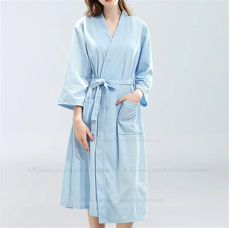 Lady Waffle Thin Shower Robes Sleepwear Blue Kimono Robe Gown Intimate Lingerie Couple Men Home Dressing Gown Sexy Bathrobe