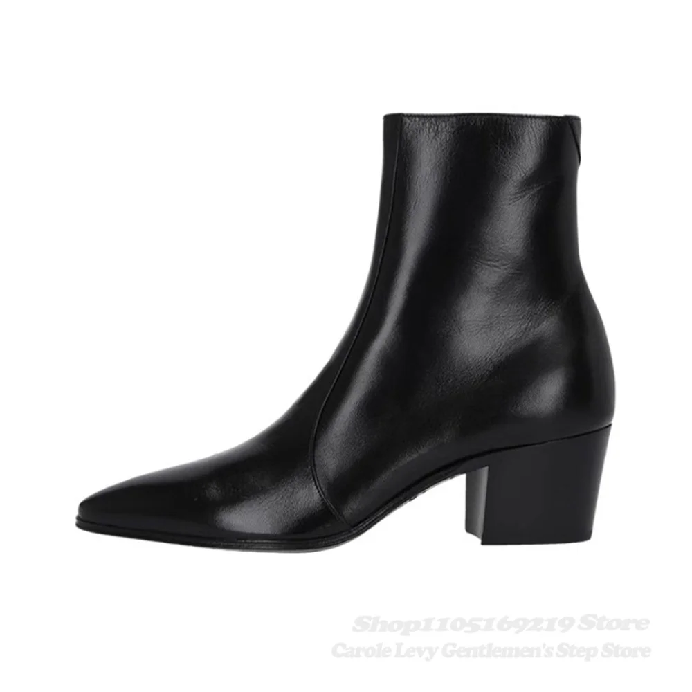 

Chelsea Boots Men 2025 Autumn and Winter Pointed Toe Cowhide Black British 6Cm Chunky Heel Luxury Business Wedding Dress Shoes